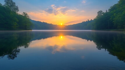 Fototapeta premium Sunrise lake landscape trees