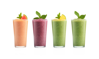 different colored smoothies are lined up on a table with fruit and mint on a transparent background