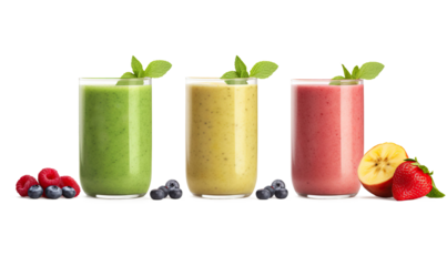 different colored smoothies are lined up on a table with fruit and mint on a transparent background