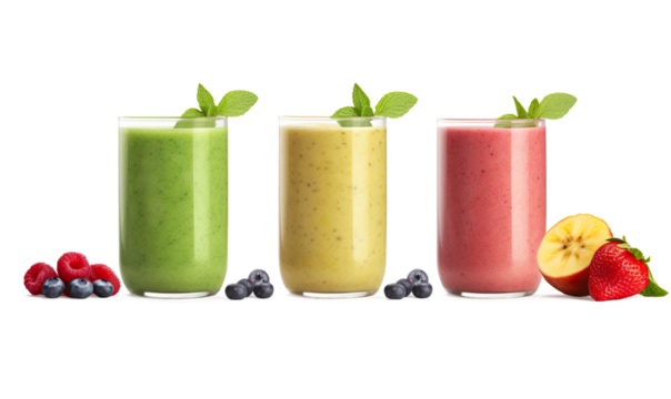 different colored smoothies are lined up on a table with fruit and mint on a transparent background