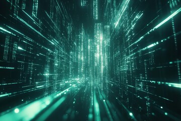 Digital City Data streams flow through futuristic cityscape, background blur