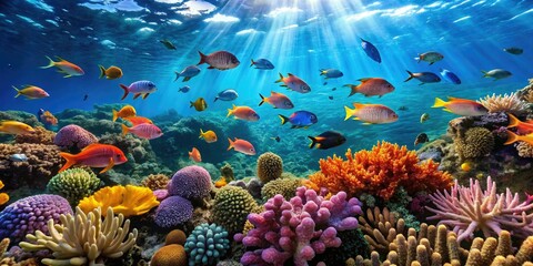 Obraz premium Oceanic reef with vibrant coral formations and schools of fish swimming through the crystal clear waters, aqua colors, ocean scenery, marine biology