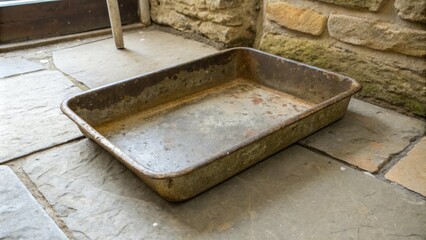 Old Rustic Baking Tray on Stone Floor, rustic home decorOld Rustic Baking Tray on Stone Floor, weathered patina