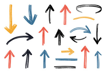 Abstract hand-drawn arrows set on a white background. brush drawing style. graphic elements. vector graphics.