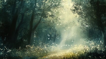 A serene forest scene featuring tall, dark trees with a pathway illuminated by soft, ethereal light. The ground is scattered with wildflowers and a gentle mist can be seen, enhancing the tranquil atmo