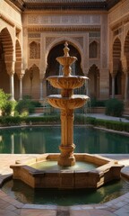 Fototapeta premium Ornate fountains in Alhambra's palace grounds, decorative, serene