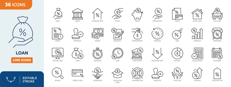 Loan icon set. Loan and Credit related icons. Containing loan, credit, Borrow, money, Mortgage, leasing, income, banking and more. Outline Icon Collection. Vector illustration. Editable stroke