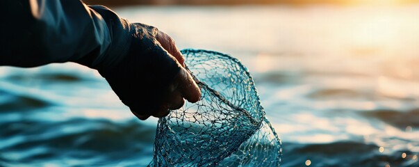 Close Up of a Fisherman's Hand Holding a Net Above Water During Sunset at a Tranquil Lake