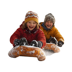 Kids Riding a Toboggan Down a Snow-Covered Hill Isolated on Transparent Background