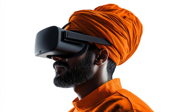 Indian men wear VR. Virtual reality headset. Technology gaming. Innovation interactive. A young Indian man wearing a traditional turban poses confidently for the camera. - Powered by Adobe