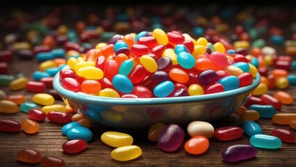 "Celebrating National Gumdrop Day: Vibrant Gumdrops in a Glass Jar Against a Pastel Dreamscape, Sparkling with Sugar Crystals and Festive Charm"