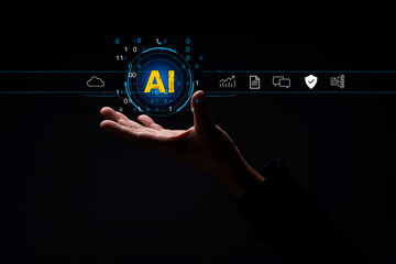 hand with various icons and symbols connected to it, representing different aspects of artificial intelligence and technology