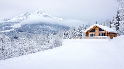 Naklejka premium Snowy mountain cabin winter landscape, peaceful retreat