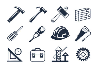 Construction and Tools Icons Set - Repair, Engineering, and Building Equipment Vector Illustrations