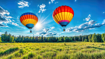 Fototapeta premium Two colorful hot air balloons soar in blue summer sky with bright sun and clouds over scenic green meadow and pine forest landscape. Aerial adventure tourism recreation travel vacation nature