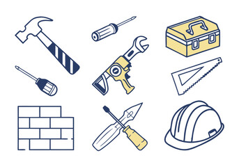Construction and Tools Icons Set - Repair, Engineering, and Building Equipment Vector Illustrations