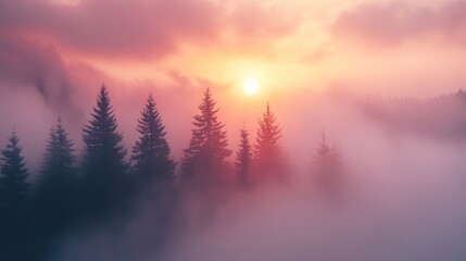 Misty mountain sunset, pines silhouetted, serene landscape, nature background