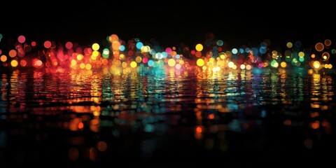 Vibrant bokeh lights reflecting on water surface, ideal for festive themes, celebrations, and artistic projects.