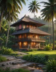 idyllic Balinese joglo house situated amidst a serene landscape of rolling hills and swaying palm trees , countryside charm, traditional architecture, palm trees