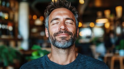 Fototapeta premium Relaxed Man Enjoying a Peaceful Moment in a Cozy Cafe with Soft Lighting