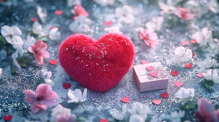 Obraz premium 3d rendering of red heart-shaped plush toy, surrounded by scattered pink and white flowers, small box on the ground, covered with glittering 
