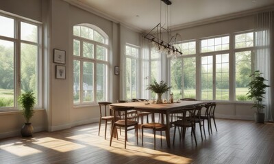 Fototapeta premium Large dining room with numerous windows and plenty of natural light pouring in, plants nearby , comfortable seating, large windows