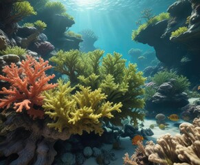 Naklejka premium Leaf-like algae adapting to coral reef environment, natural habitats, algae camouflage,