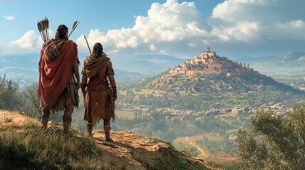 Fototapeta premium A breathtaking landscape featuring two characters standing on a hilltop, gazing toward a majestic castle perched on a distant mountaintop. The foreground captures the characters in traditional attire,