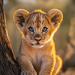 Obraz premium Close-up of a baby lion cub with soft golden fur and curious, wide eyes