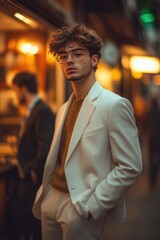 Fototapeta premium Stylish Young Man in White Suit and Glasses Posing Confidently in Urban Night Scene