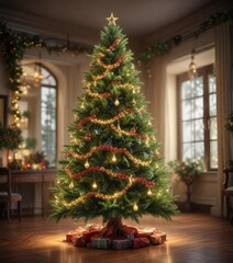 Majestic Christmas tree adorned with garlands of greenery and sparkling lights, holiday decor, festive wreath