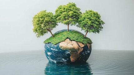 Sustainable Earth: Trees Growing on a Globe in Water Reflecting Environmental Conservation