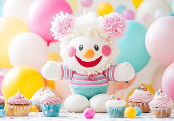 Fototapeta premium Cheerful stuffed toy with pastel colored outfit surrounded by colorful balloons and cupcakes. Bright, joyful atmosphere. Soft lighting