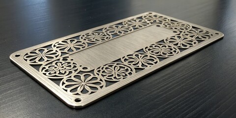 Metal plate with intricate laser-cut design against a black brushed metallic background, industrial decor, reflective surface, metallic accents