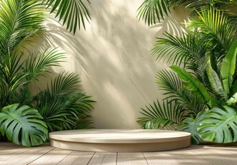 Obraz premium Beige stone podium surrounded by lush tropical foliage, bathed in sunlight. Natural light casts shadows on a pale beige wall background. Ideal for