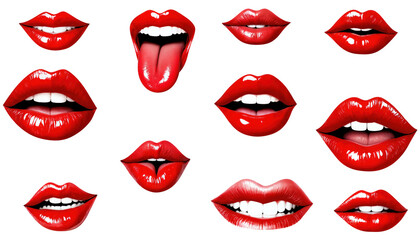 Set Of Woman's Mouths With Red Glossy Lips
