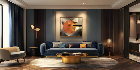 Modern interior design of a living room with a blue sofa and pastel-colored walls, a wood floor, a gold lamp, and a painting on the wall.