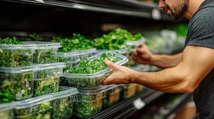 Man Shopping for Fresh Organic Greens in Grocery Store Produce Aisle