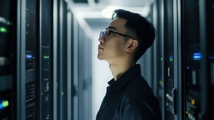 Server room specialist examines infrastructure data with focused attention
