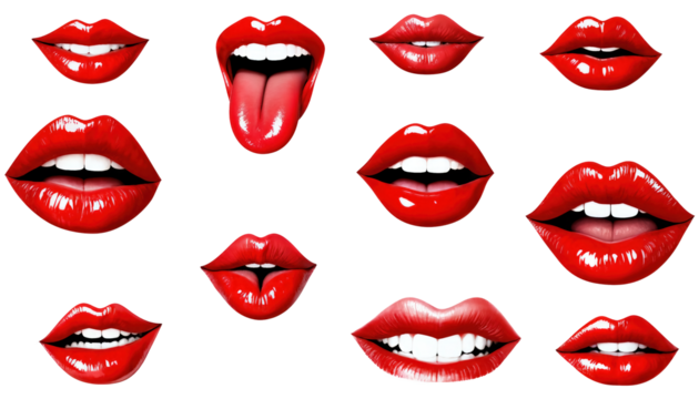 Set Of Woman's Mouths With Red Glossy Lips