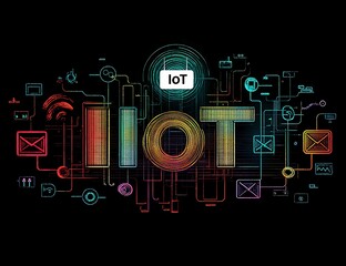 Colorful IoT network graphic with interconnected devices and data flow.