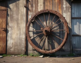 Old rusty iron wheel leaning against weathered metal shed, antique., wheel, old, metal, vintage