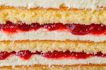 Close up view of a layer cake revealing rich textures and vibrant colors of cream and strawberry jam filling