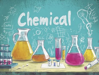 Science illustration featuring various glass laboratory flasks filled with colorful liquids, sitting on a wooden table against a chalkboard