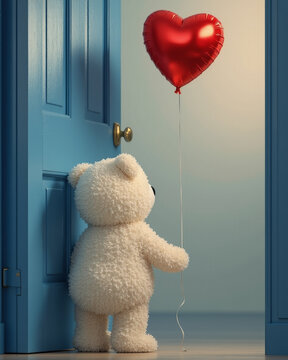 small fluffy white teddy bear with red hearth shaped baloon knoking at the door at Valentine's Day, generative ai