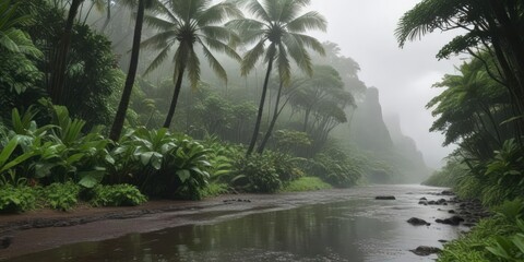 Obraz premium Overcast day in Hawaii with rain falling on lush greenery, overcast, rainy, leaves