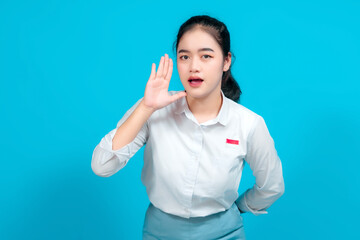 Portrait female student making an enthusiastic gesture with her hands