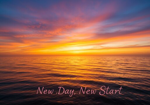 A tranquil sunrise over a calm ocean with the subtle phrase "New Day, New Start" integrated at the bottom, symbolizing a fresh beginning and the promise of new opportunities