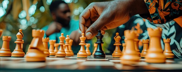 Close-Up of a Player Making a Strategic Move in a Chess Game Outdoors with Friends