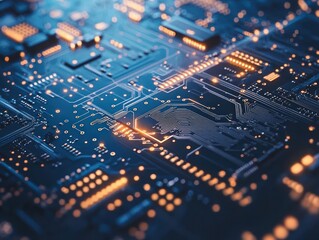 Obraz premium Circuit board detail, glowing connections, technological background, tech concept